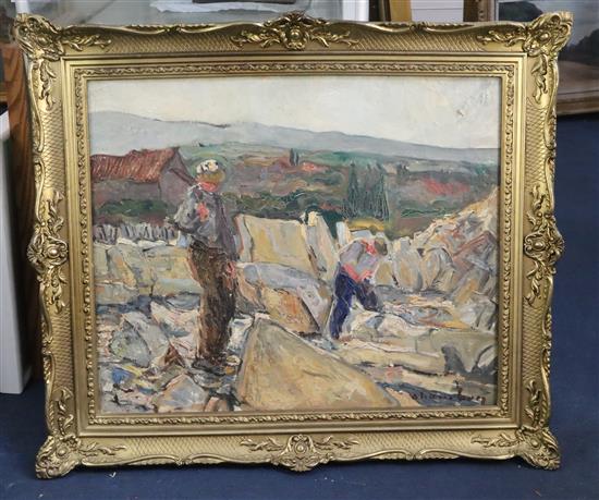 Eastern European School, oil on canvas, Stone breakers in a quarry, indistinctly signed, 58 x 71cm